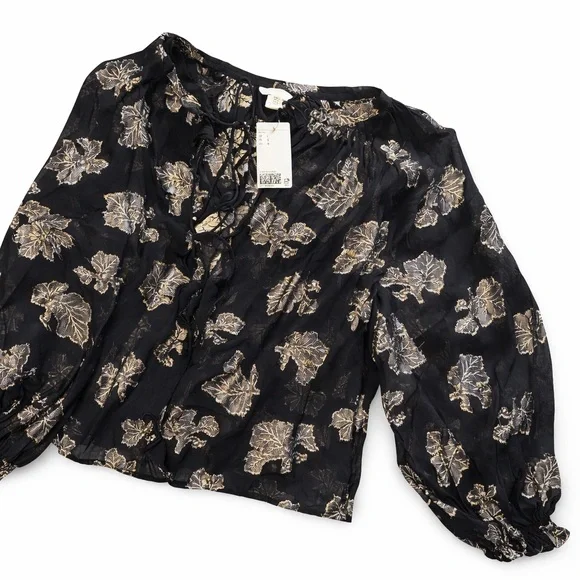 H&M Blouse black sheer gold metallic print size L - Picture 1 of 7